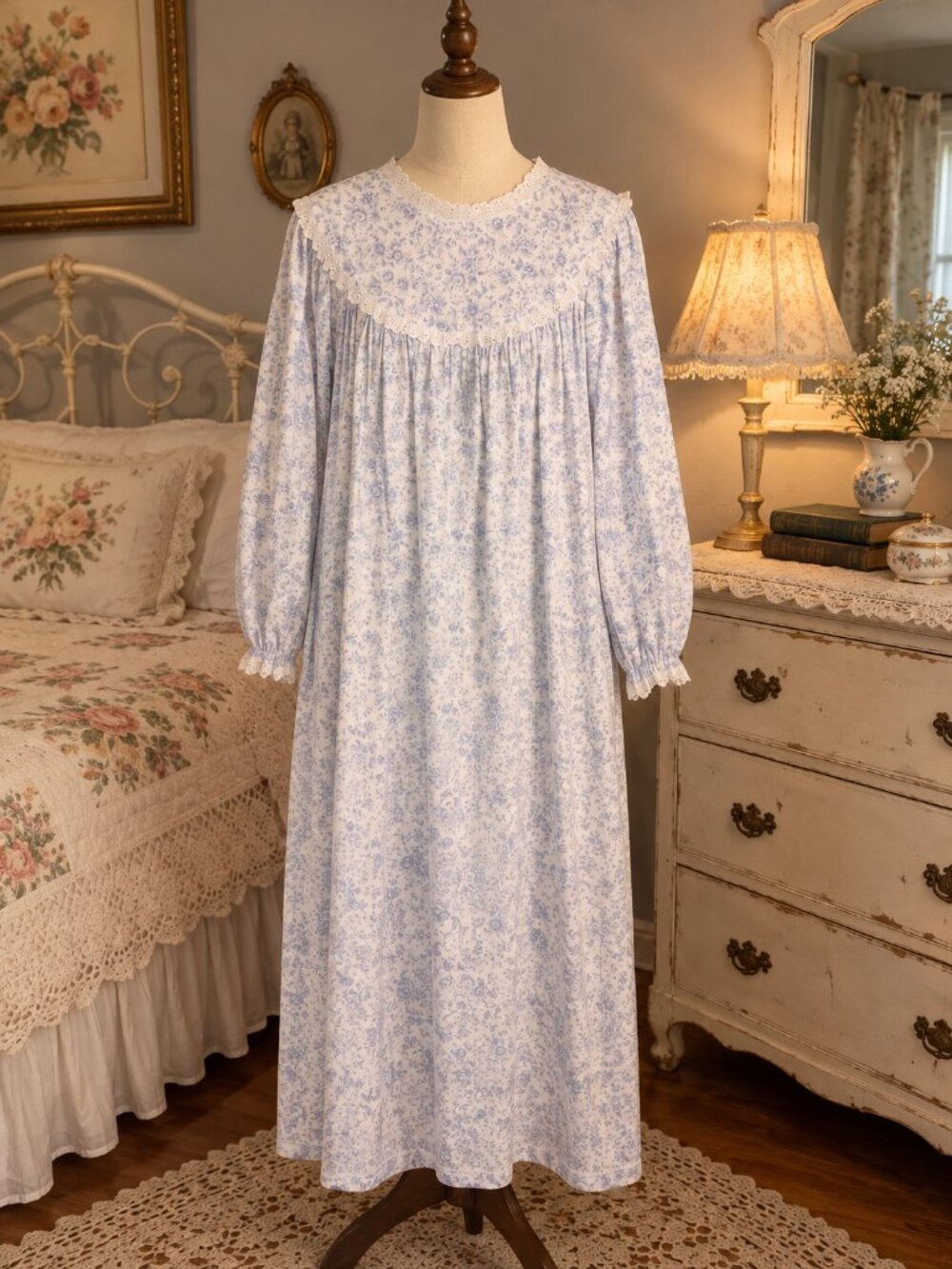 Vintage Lanz of Salzburg Blue Floral Flannel Nightgown - XL Cottagecore